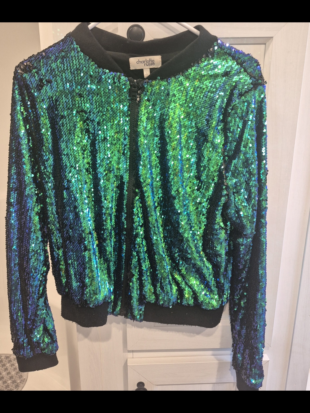 Charlotte Russe Iridescent Green Sequin Bomber Jacket